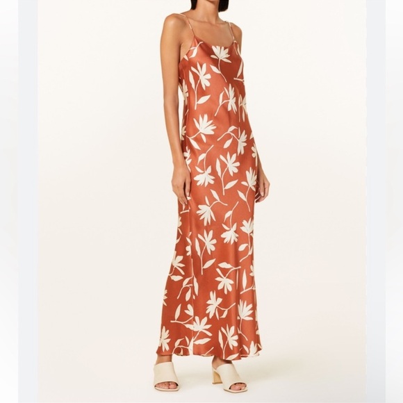 NWT Anine Bing Chloe Silk Satin Maxi Dress Tropical Leaf Print Terracotta Brown - Picture 1 of 4